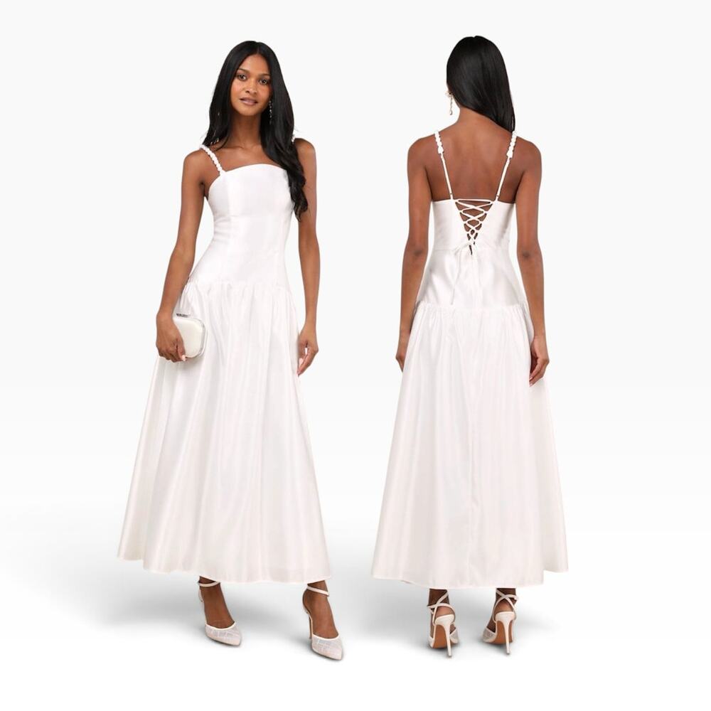 Lulus Modern Adoration White Satin Backless Lace-Up Maxi Dress size XL NWT